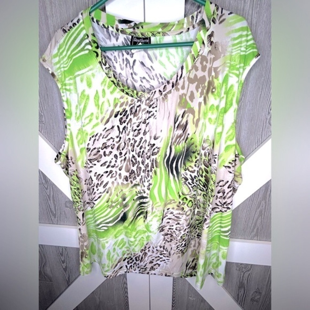 B4.17 Southern Lady Mixed Media Animal Print Cowl Neck Tank Blouse Lime Green/Le